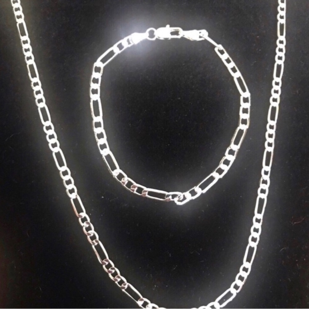 Sterling Silver Figaro Chain Necklace and Bracelet Set